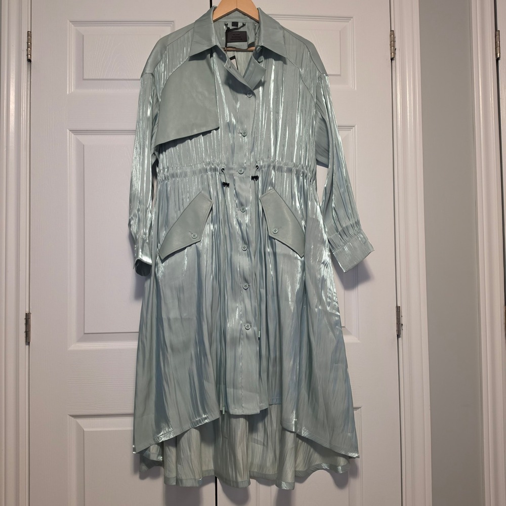 Rudsak Marica Metallic Iridescent Blue Trench Shirt Dress Size Large NWT $295